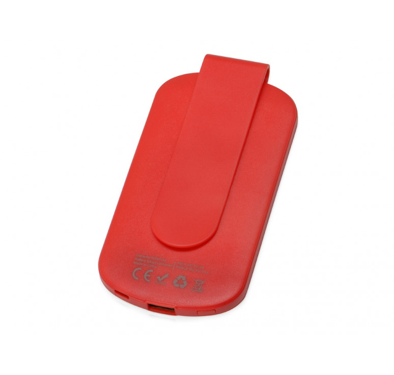 Портативное зарядное устройство Pin на 4000 mAh с большой площадью нанесения и клипом для крепления к одежде или сумке, красный