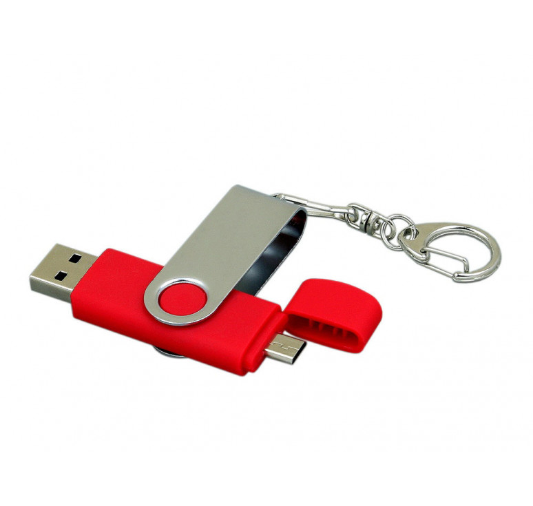 Флешка с  поворотным механизмом, c дополнительным разъемом Micro USB, 64 Гб, красный