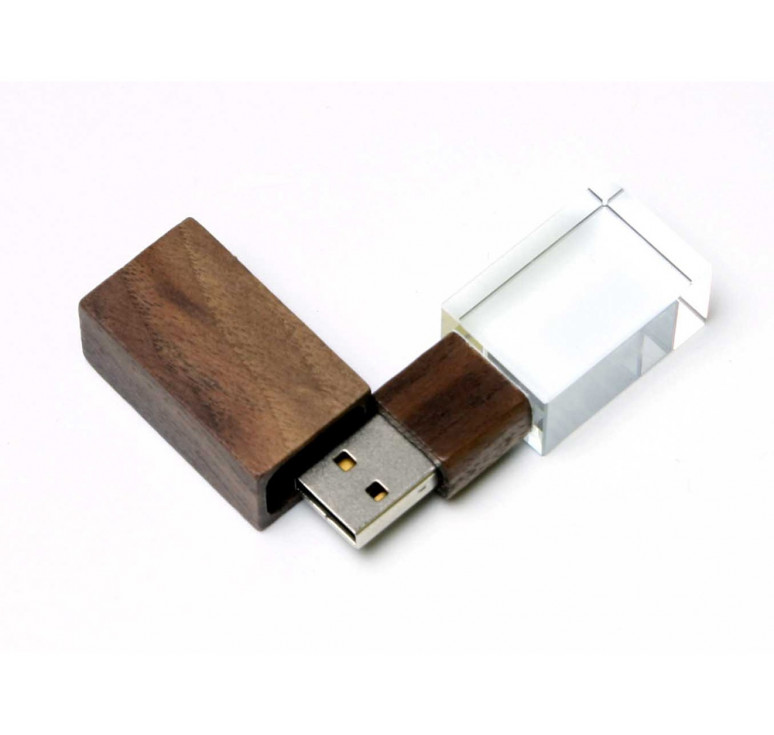 USB-флешка на 64 ГБ прямоугольной формы, под гравировку 3D логотипа, материал стекло, с деревянным колпачком красного цвета, белый