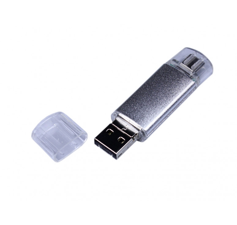 USB-флешка на 32 Гб c двумя дополнительными разъемами MicroUSB и TypeC, серебро
