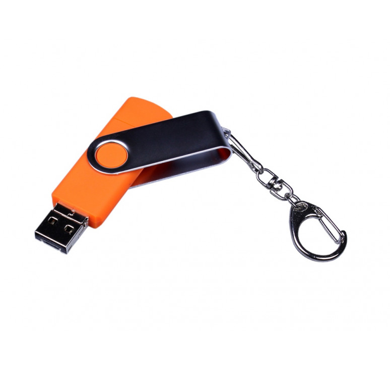 USB-флешка на 64 ГБ поворотный механизм, c двумя дополнительными разъемами MicroUSB и TypeC, оранжевый