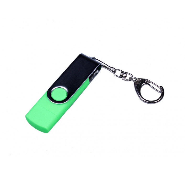 USB-флешка на 32 Гб поворотный механизм, c двумя дополнительными разъемами MicroUSB и TypeC, зеленый