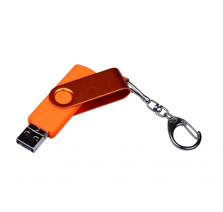 USB-флешка на 32 Гб 3 в 1 поворотный механизм, c двумя дополнительными разъемами MicroUSB и TypeC C с одноцветным металлическим клипом, оранжевый