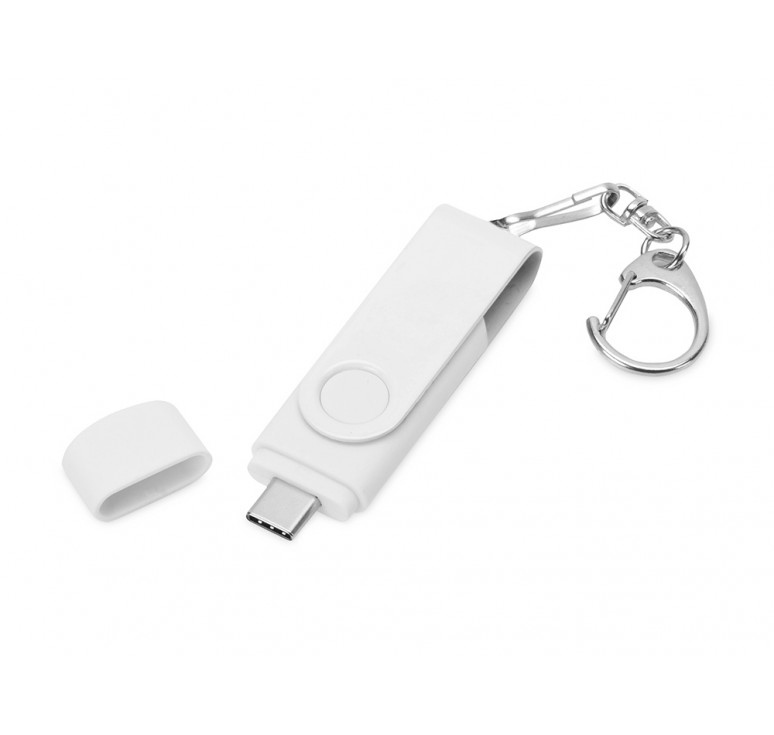 USB-флешка на 32 Гб 3 в 1 поворотный механизм, c двумя дополнительными разъемами MicroUSB и TypeC C с одноцветным металлическим клипом, белый