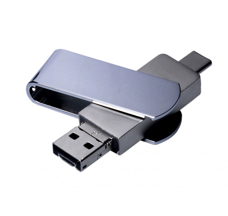 USB 2.0-флешка на 32 Гб поворотный механизм, c дополнительным разъемом Micro USB с одноцветным металлическим клипом