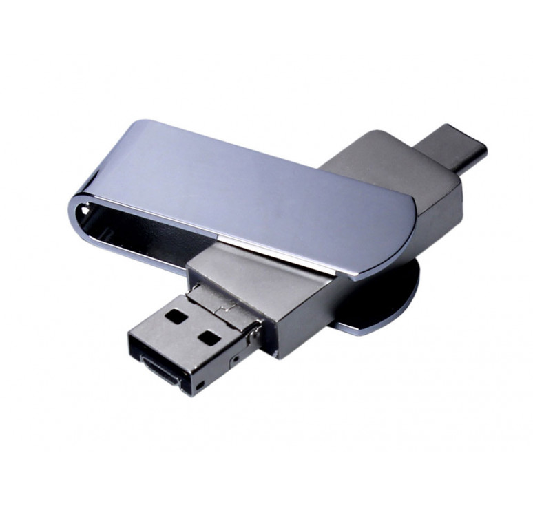 USB 2.0-флешка на 64 Гб поворотный механизм, c дополнительным разъемом Micro USB с одноцветным металлическим клипом