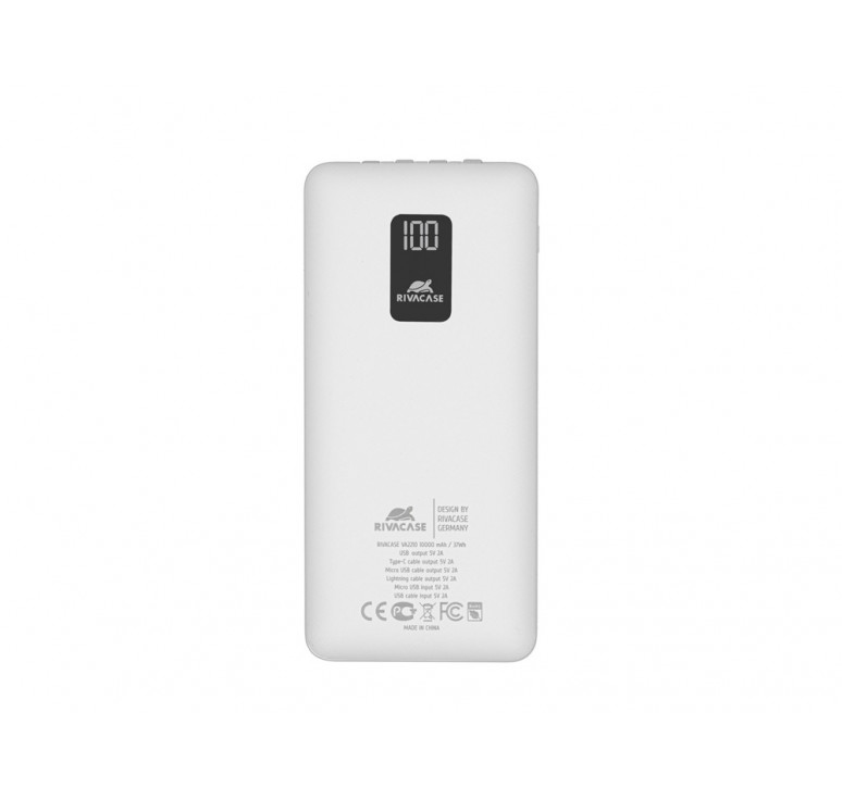 RIVACASE VA2210 (10000 мАч) внешний аккумулятор с дисплеем и встроенными кабелями, белый, 12/48