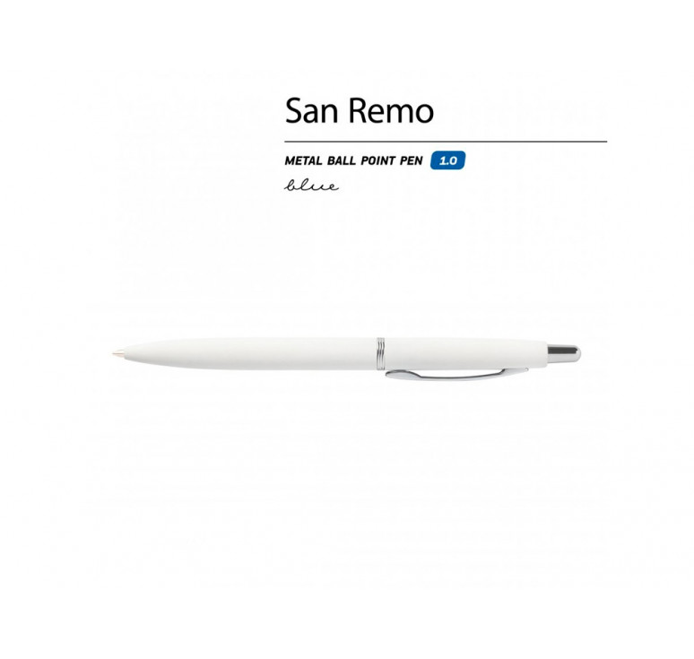 Ручка SAN REMO шариковая, автоматическая, белый металлический корпус 1.00 мм, синяя