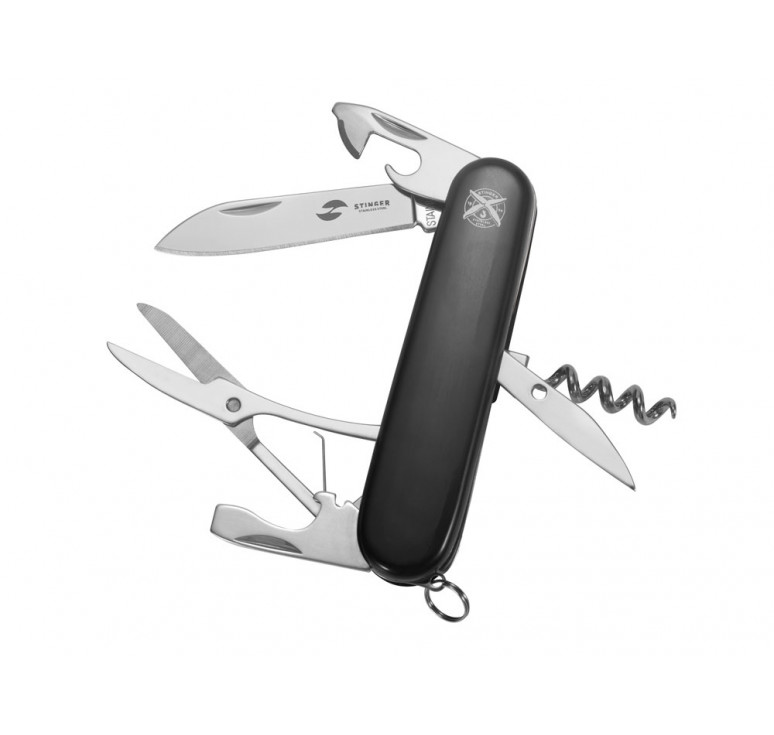 Нож перочинный Stinger, 90 мм, 11 функций, материал рукояти: АБС-пластик (чёрный)
