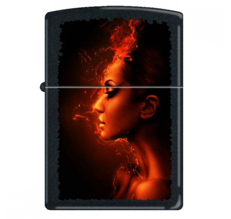Зажигалка ZIPPO Девушка-огонь, с покрытием Black Matte, латунь/сталь, чёрная, матовая, 36x12x56 мм