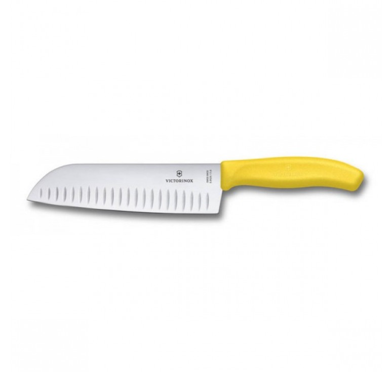 Нож сантоку VICTORINOX SwissClassic, рифлёное лезвие 17 см, жёлтый, в картонном блистере
