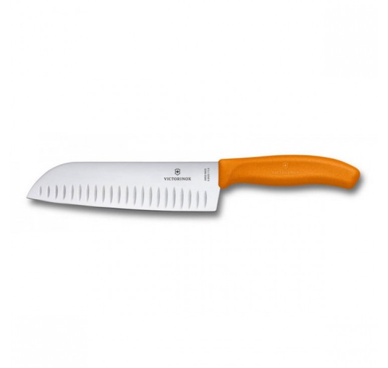 Нож сантоку VICTORINOX SwissClassic, рифлёное лезвие 17 см, оранжевый, в картонном блистере