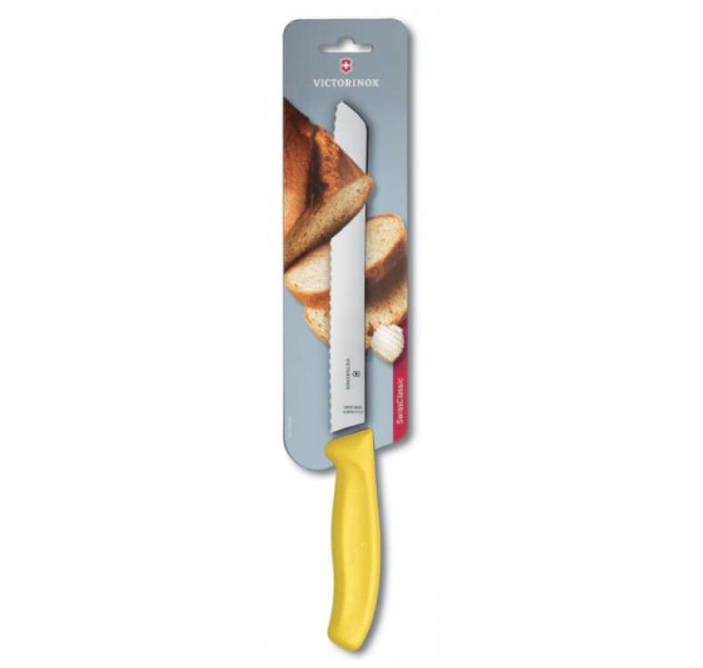 Нож для хлеба VICTORINOX SwissClassic, лезвие 21 см с серейторной заточкой, жёлтый, в блистере