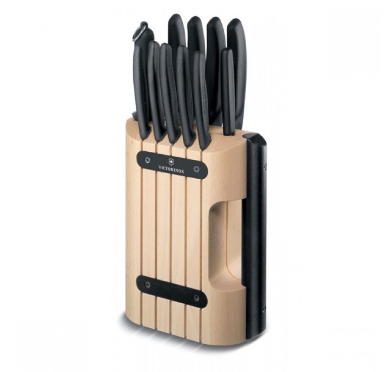 Набор из 11 кухонных ножей VICTORINOX, чёрная рукоять, в подставке из бука высотой 35,5 см.